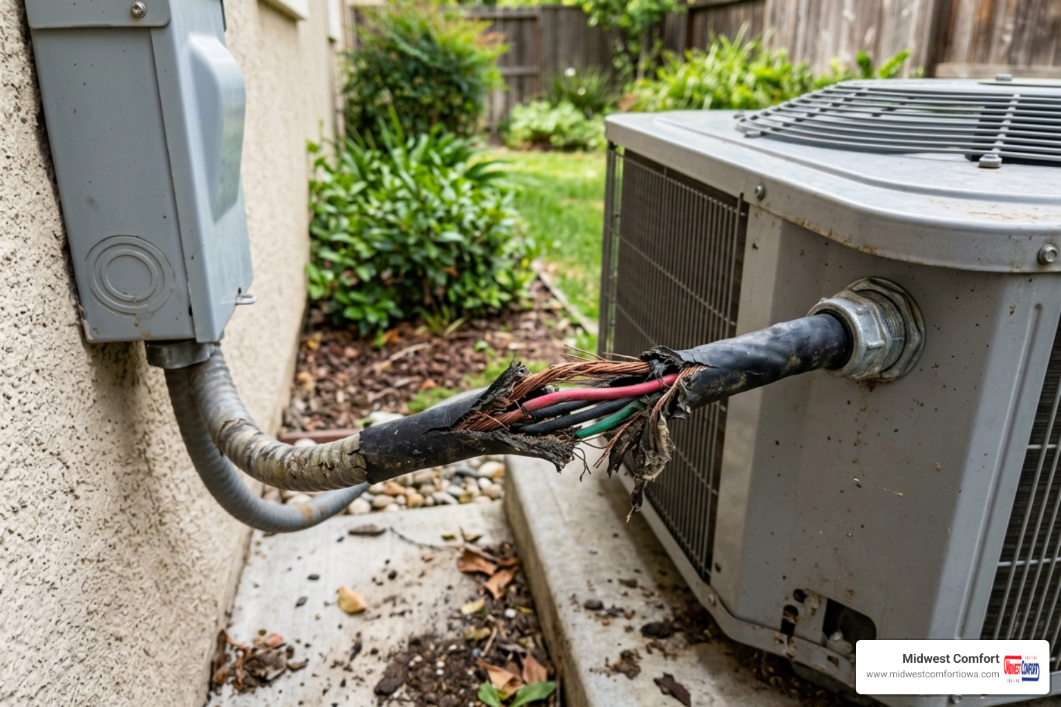 Frayed and damaged electrical wiring near an HVAC unit - ac circuit breaker keeps tripping what it means Frayed and damaged electrical wiring near an HVAC unit - ac circuit breaker keeps tripping what it means