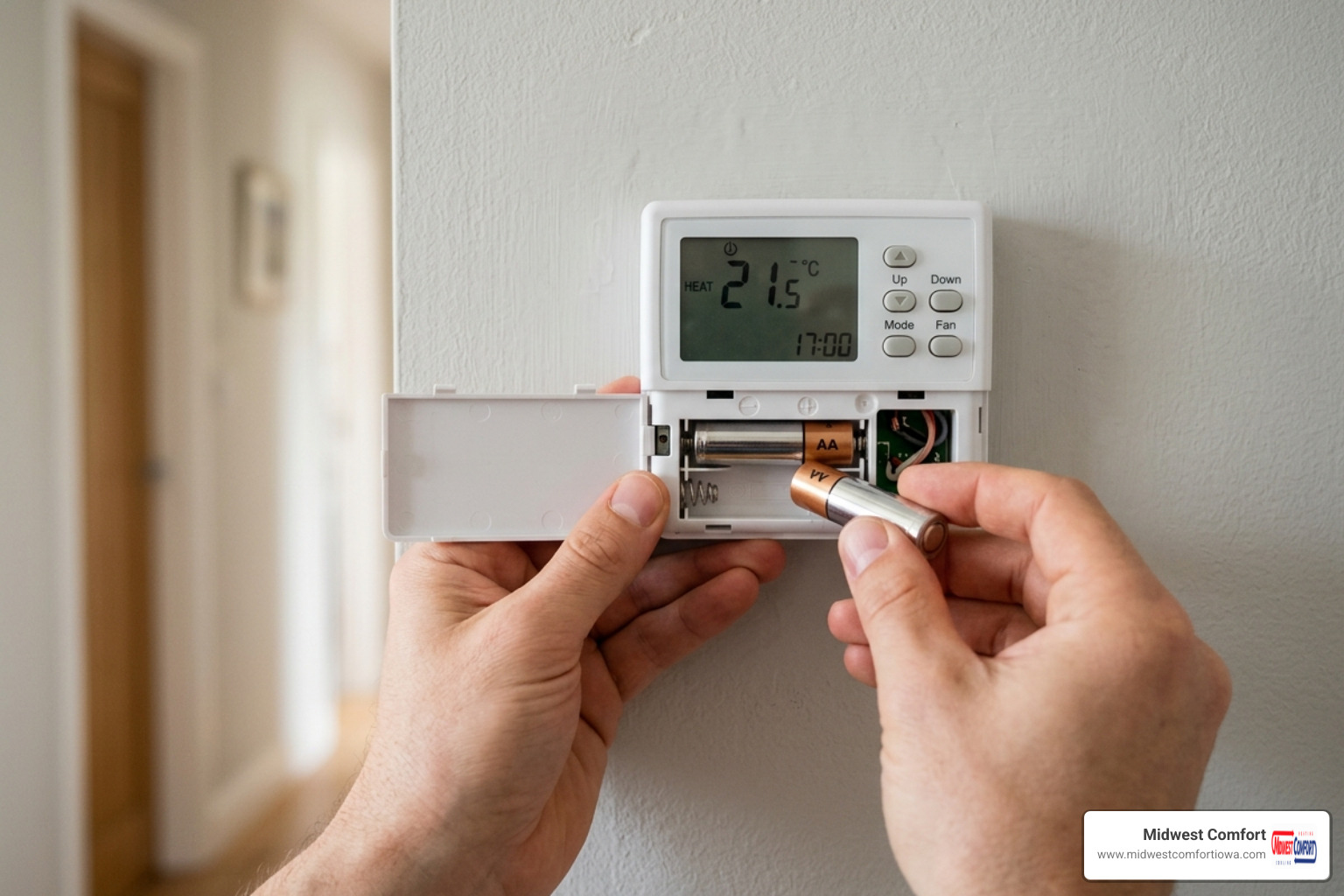 person replacing AA batteries in a thermostat - how to check your thermostat before calling for repair person replacing AA batteries in a thermostat - how to check your thermostat before calling for repair