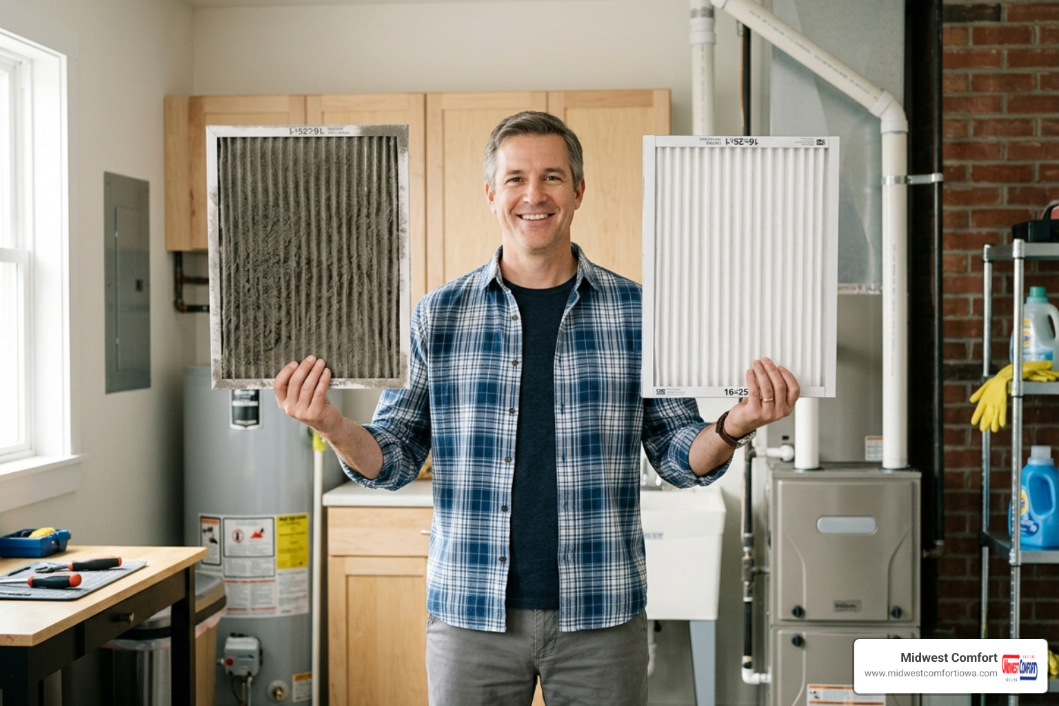 homeowner comparing a dirty air filter to a clean one - common heat pump problems and how to prevent them homeowner comparing a dirty air filter to a clean one - common heat pump problems and how to prevent them