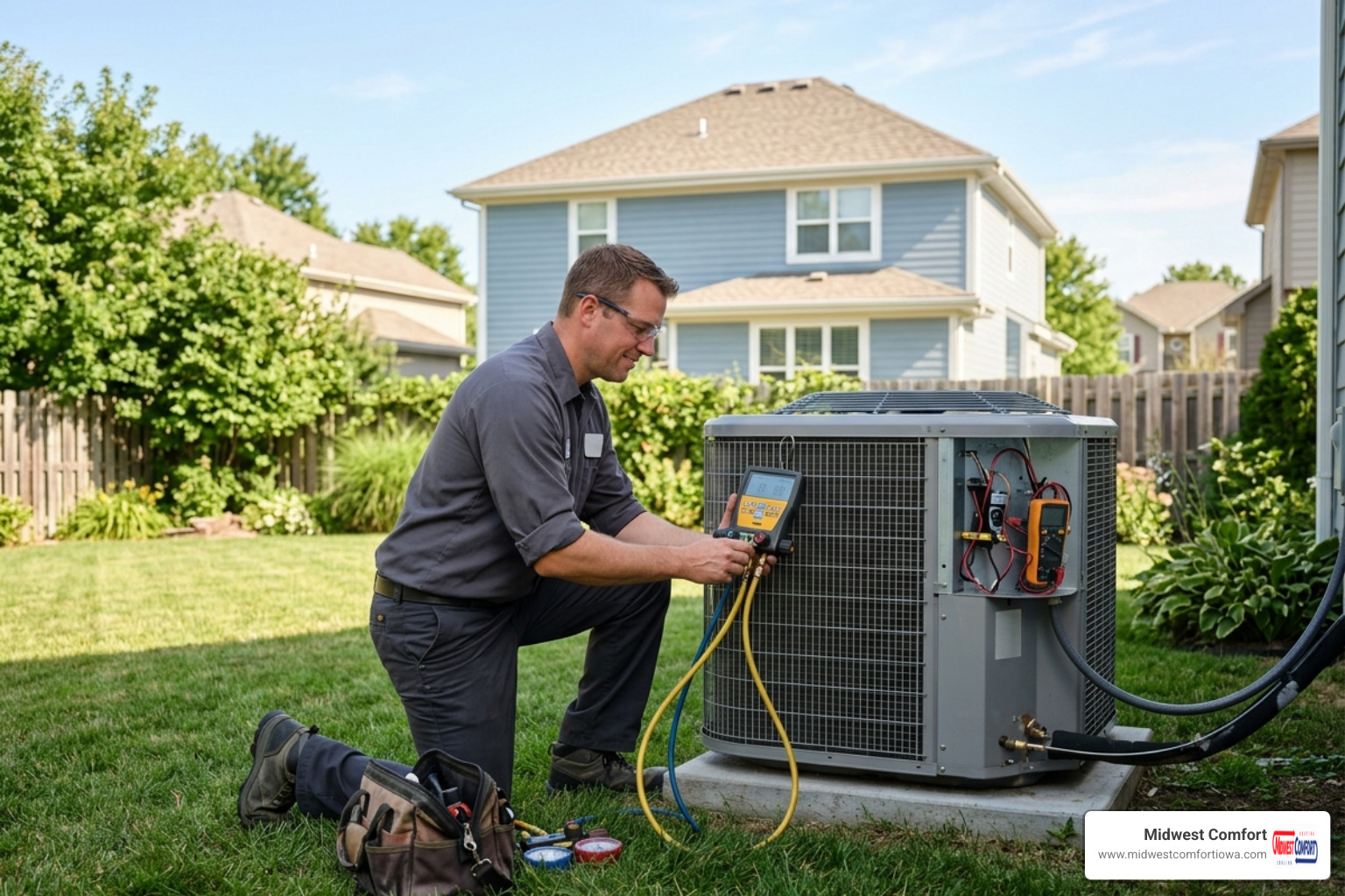 Technician inspecting an outdoor heat pump unit in a Des Moines backyard - heat pump maintenance checklist for each season Technician inspecting an outdoor heat pump unit in a Des Moines backyard - heat pump maintenance checklist for each season