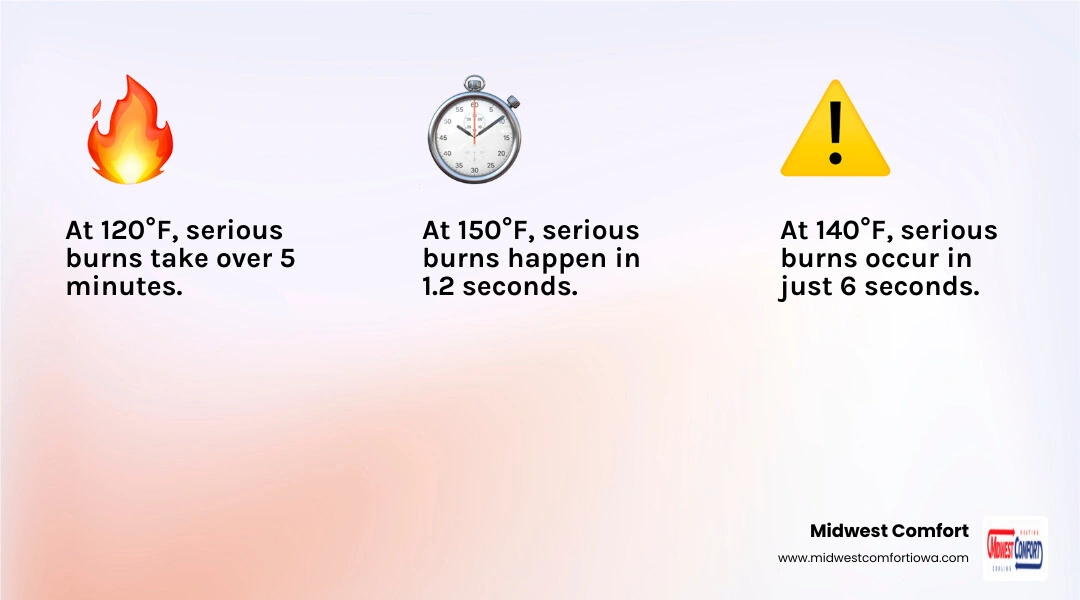 Infographic showing scalding burn times at 120°F vs 130°F vs 140°F vs 150°F water temperatures - how to set the right Infographic showing scalding burn times at 120°F vs 130°F vs 140°F vs 150°F water temperatures - how to set the right