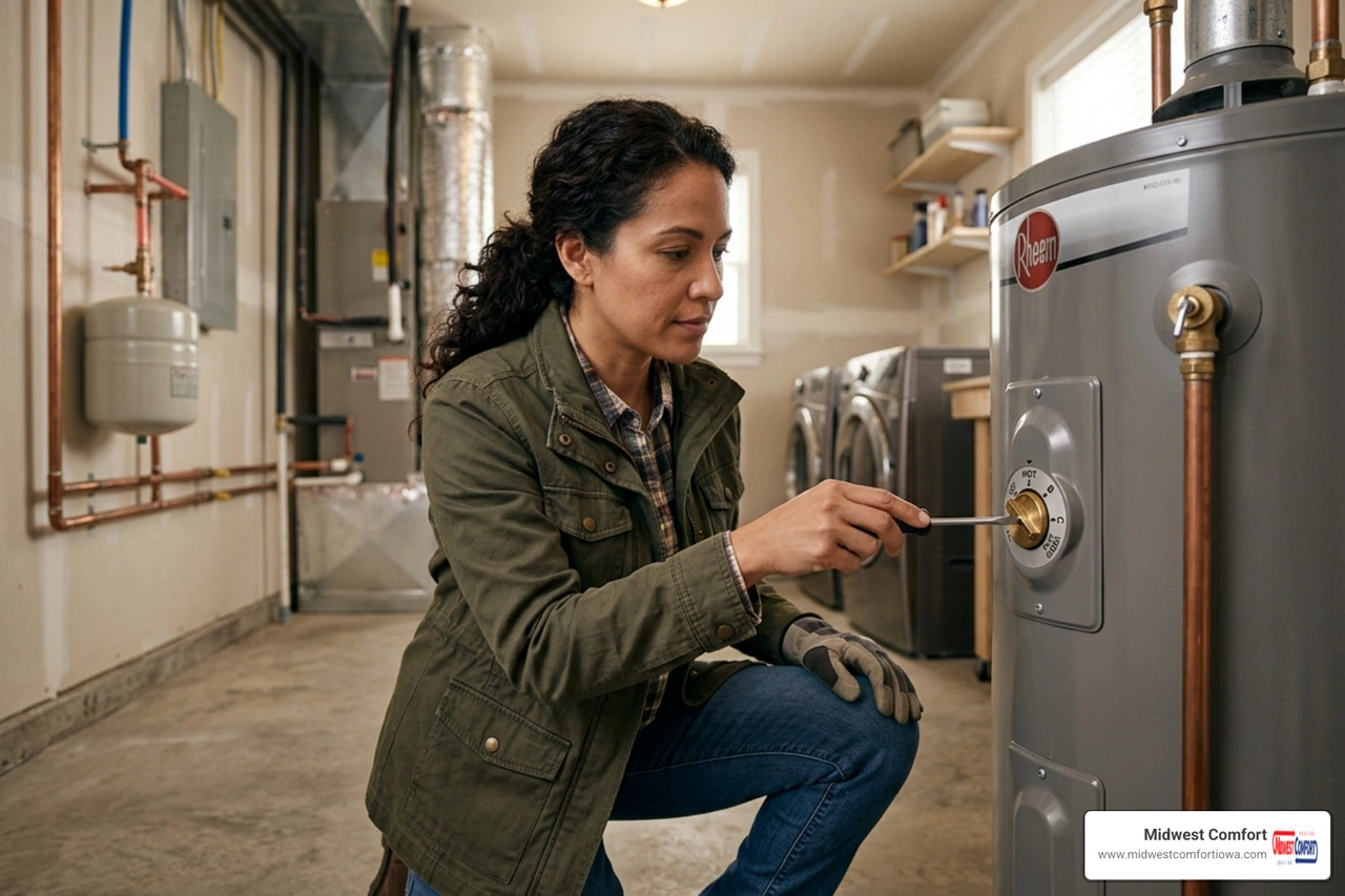 homeowner adjusting a water heater dial - how to set the right temperature on your water heater homeowner adjusting a water heater dial - how to set the right temperature on your water heater
