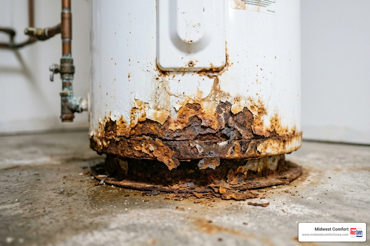 Close-up of heavy rust and corrosion on the bottom seam of a water heater tank - how water heater overflow and leaks cause Close-up of heavy rust and corrosion on the bottom seam of a water heater tank - how water heater overflow and leaks cause