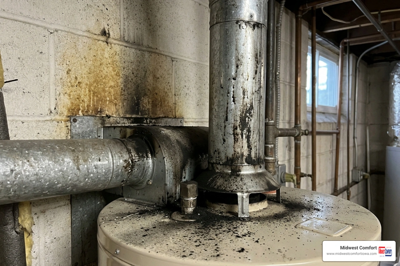 soot buildup around a water heater draft hood indicating a carbon monoxide risk - signs of carbon monoxide risk from a gas soot buildup around a water heater draft hood indicating a carbon monoxide risk - signs of carbon monoxide risk from a gas