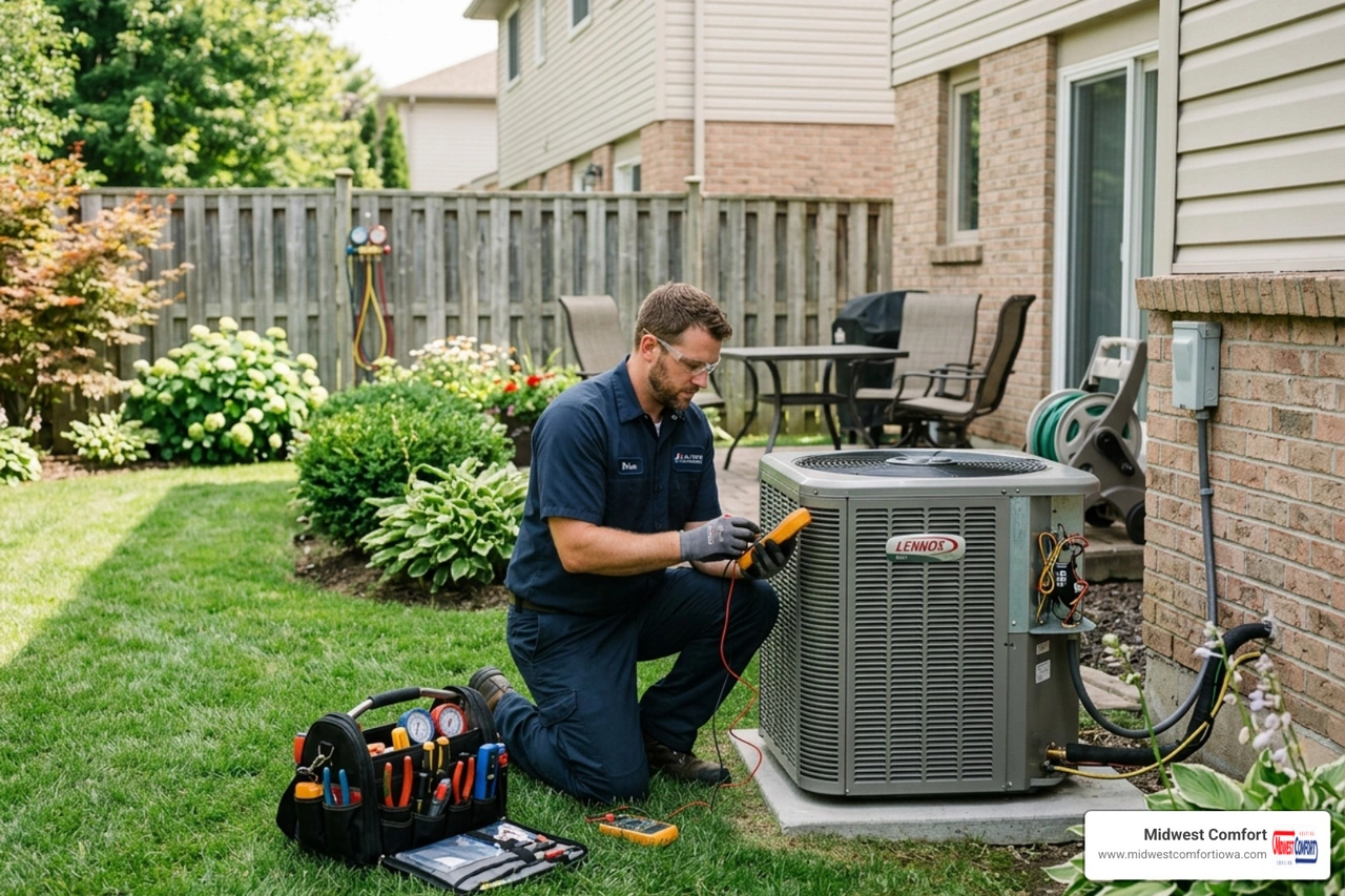 HVAC technician inspecting an outdoor condenser unit in a residential yard - how long does an ac unit last in iowa HVAC technician inspecting an outdoor condenser unit in a residential yard - how long does an ac unit last in iowa