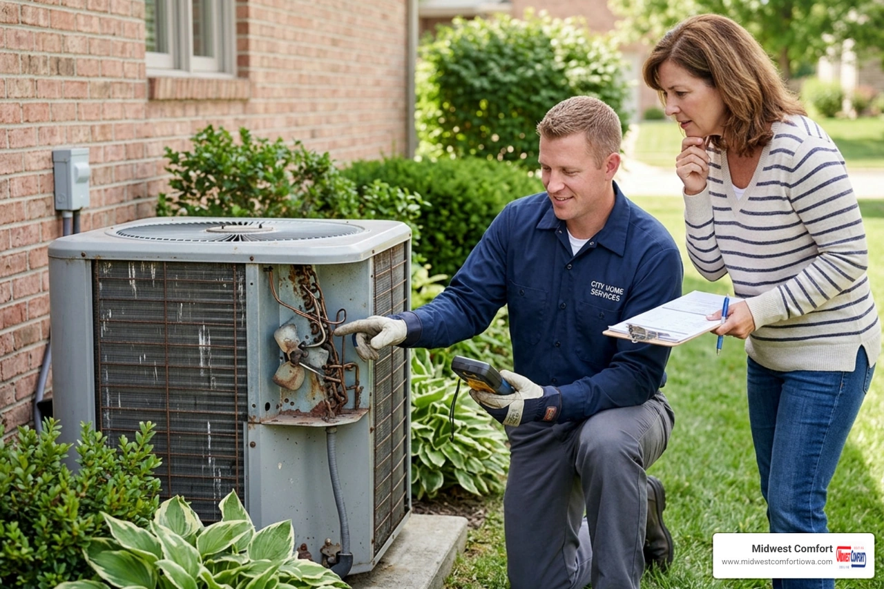 A professional HVAC technician performing a precision maintenance check on a central air unit - when should you replace your A professional HVAC technician performing a precision maintenance check on a central air unit - when should you replace your