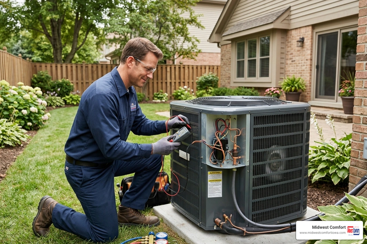 A technician inspecting a high-efficiency outdoor HVAC unit in a clean residential backyard - central ac vs ductless mini