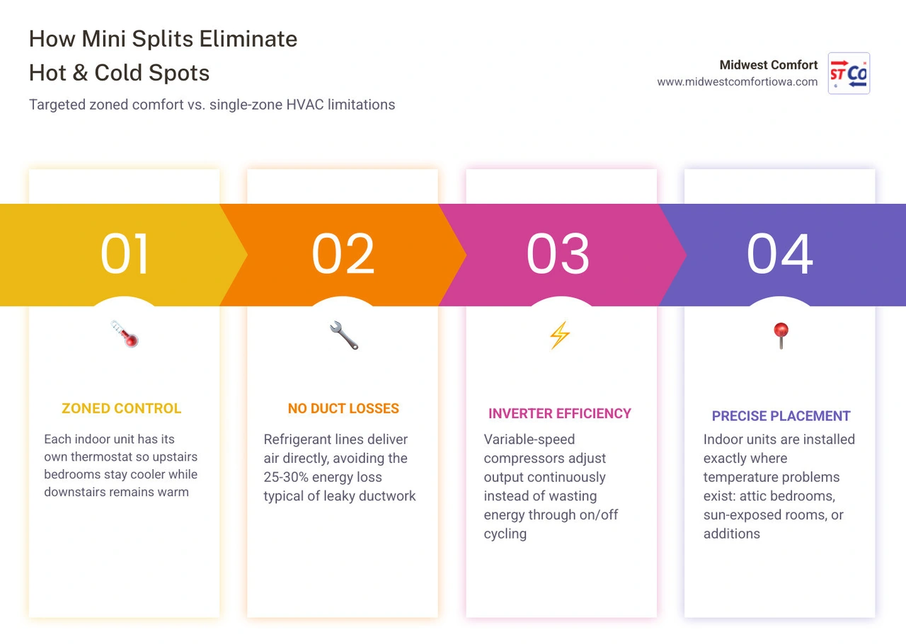 Infographic showing causes of uneven home temperatures and how mini splits provide zoned solutions infographic Infographic showing causes of uneven home temperatures and how mini splits provide zoned solutions infographic