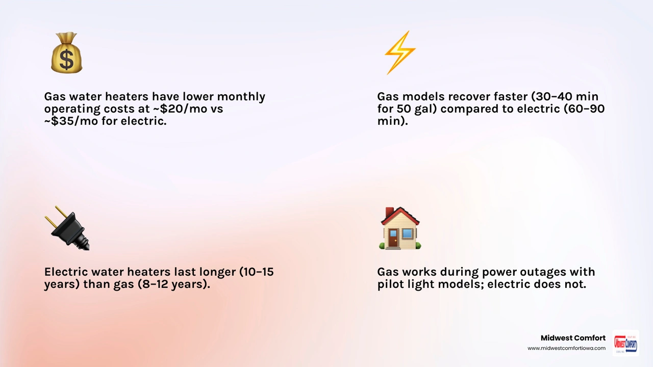 Infographic comparing gas combustion vs electric resistance water heater mechanics, costs, and efficiency - gas vs electric Infographic comparing gas combustion vs electric resistance water heater mechanics, costs, and efficiency - gas vs electric