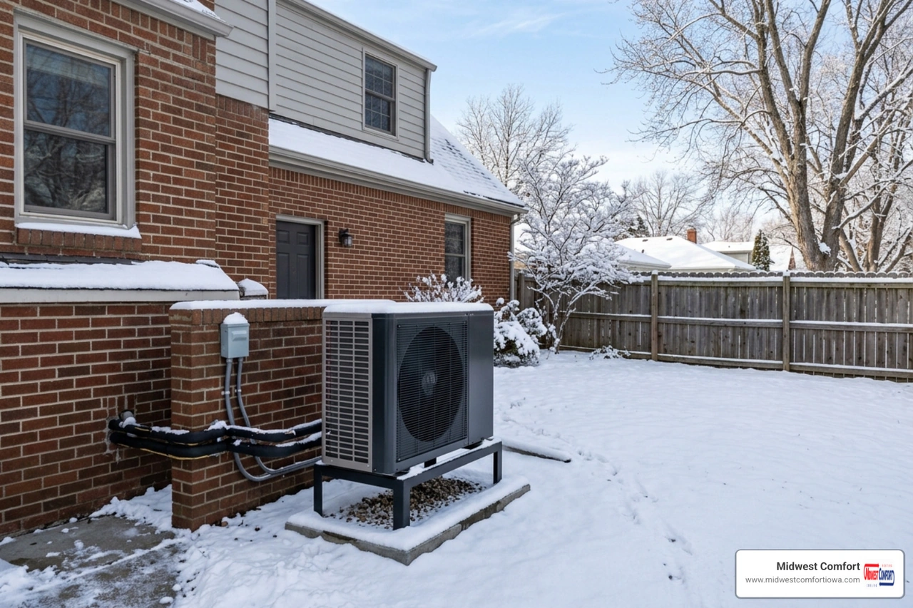 modern air-source heat pump installed in a Des Moines Iowa backyard