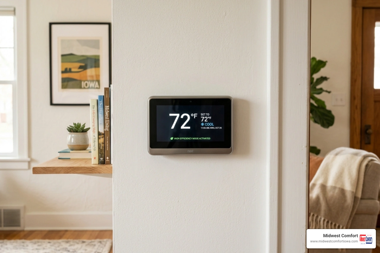 Digital thermostat in a Des Moines home showing consistent indoor temperature and high efficiency mode Digital thermostat in a Des Moines home showing consistent indoor temperature and high efficiency mode