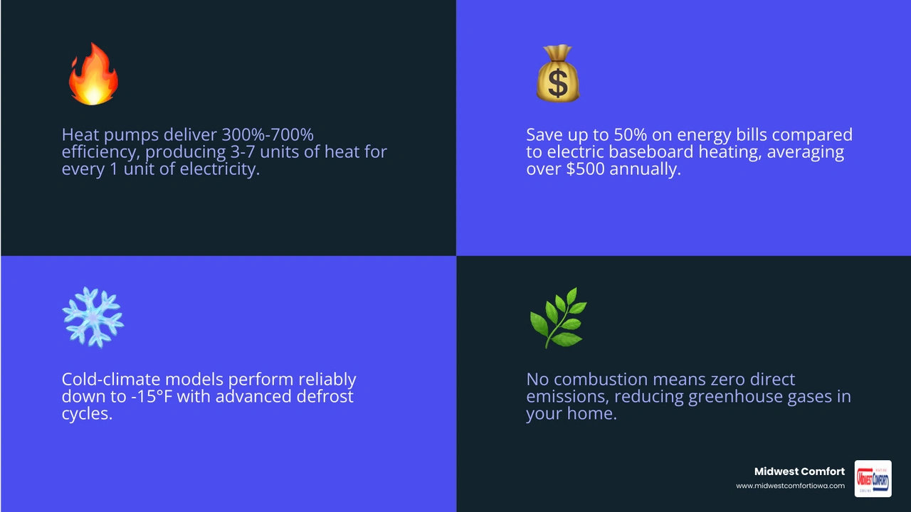 Infographic showing heat pump benefits for Iowa homeowners including efficiency ratings, savings, lifespan, and incentives Infographic showing heat pump benefits for Iowa homeowners including efficiency ratings, savings, lifespan, and incentives