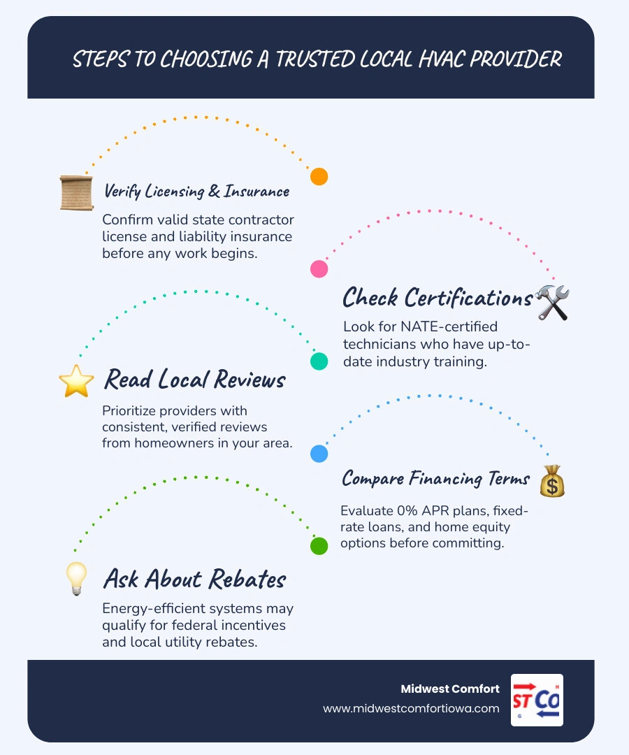 Infographic showing 6 steps to choosing a trusted local HVAC provider with financing options in Des Moines infographic