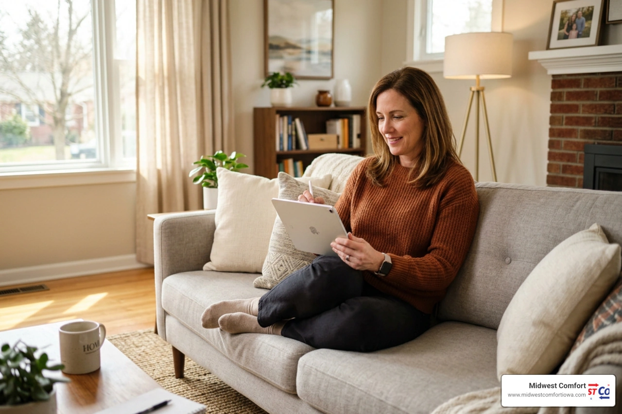 A homeowner reviewing flexible HVAC financing options on a tablet at home