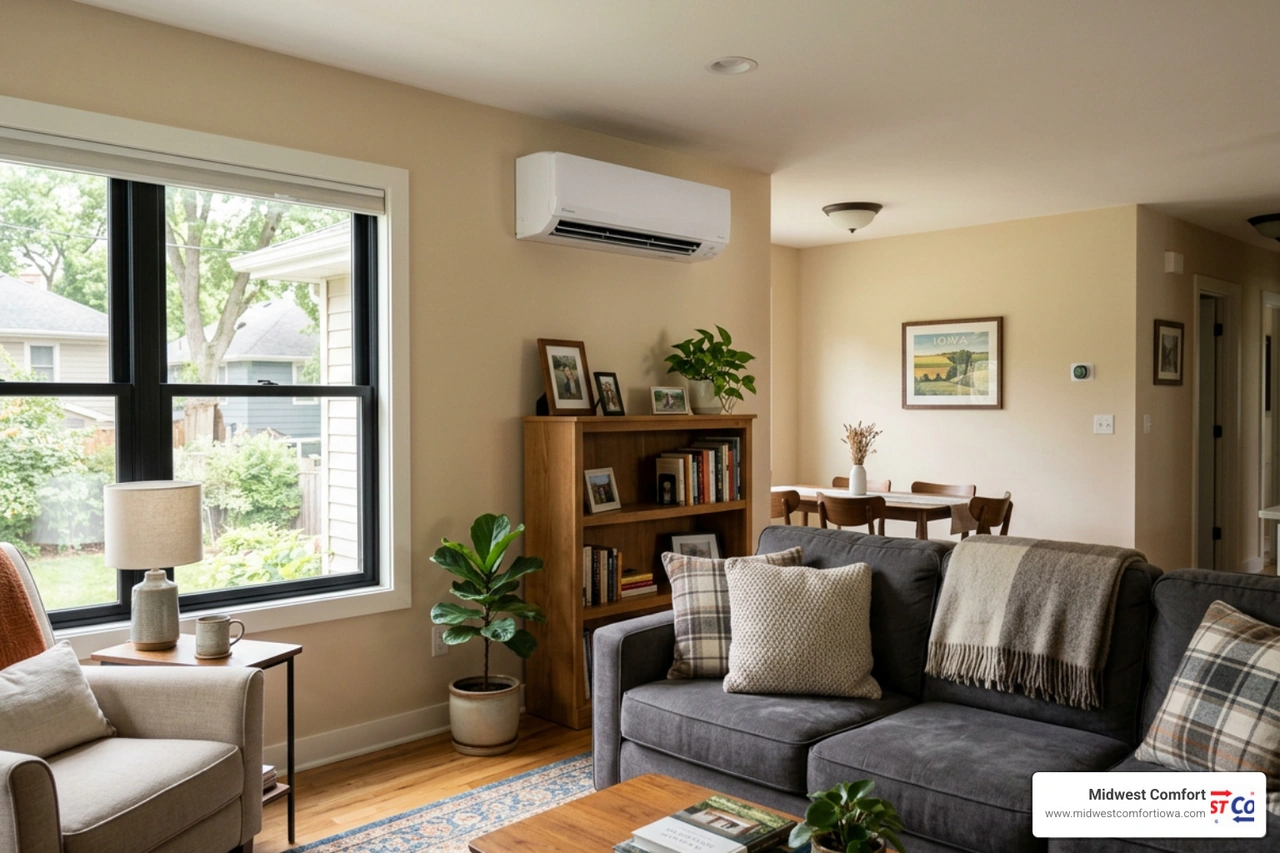 mini split unit on living room wall home cooling Des Moines Iowa