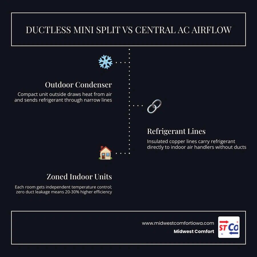 infographic comparing ductless mini split airflow vs central AC ducted airflow energy loss zones infographic infographic comparing ductless mini split airflow vs central AC ducted airflow energy loss zones infographic