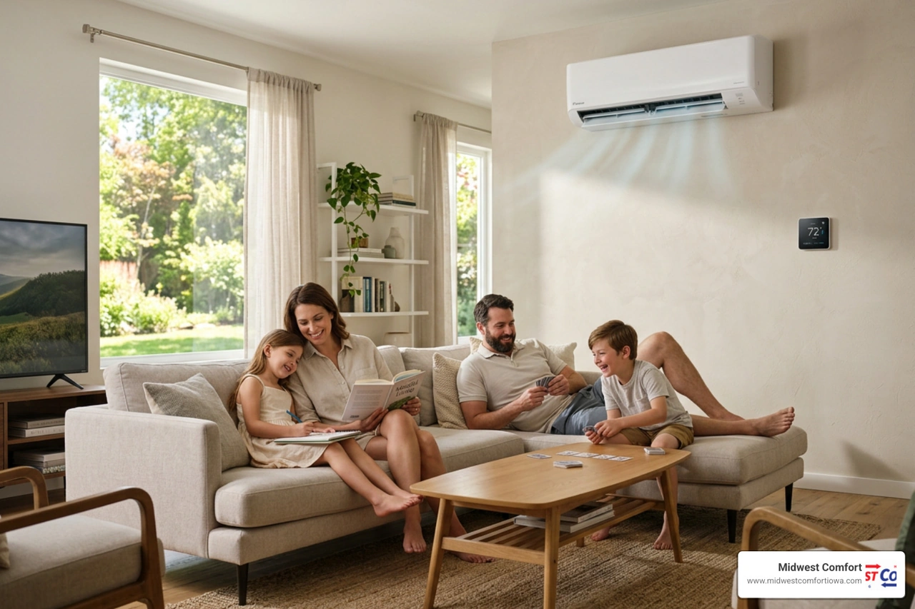 ductless mini split system on living room wall with energy savings concept