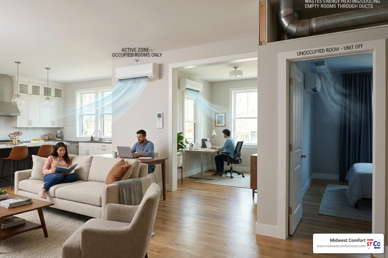 Infographic showing how zone control directs conditioned air only to occupied rooms, reducing energy waste vs central systems Infographic showing how zone control directs conditioned air only to occupied rooms, reducing energy waste vs central systems