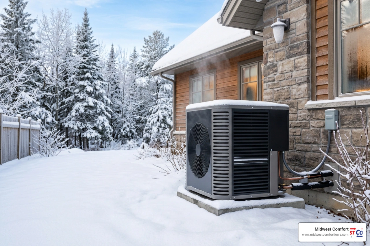 heat pump operating in snowy winter landscape