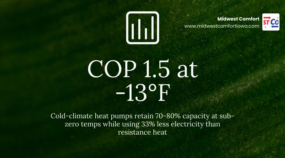 Infographic showing cold climate heat pump COP at 47F 32F 17F 5F and -13F alongside Iowa winter hours below 5F infographic