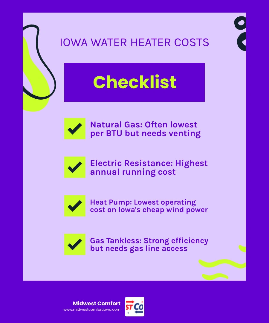 Infographic comparing gas, electric, and heat pump water heater annual costs and efficiency ratings in Iowa infographic Infographic comparing gas, electric, and heat pump water heater annual costs and efficiency ratings in Iowa infographic