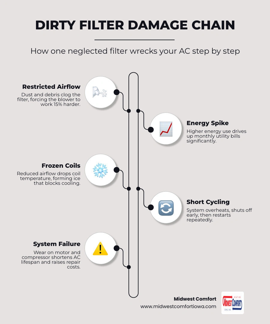 Infographic showing how a dirty air filter restricts airflow and triggers AC problems like frozen coils and energy waste