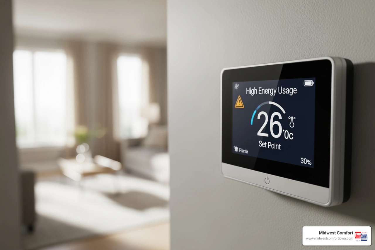 digital thermostat showing high energy usage and a cooling system that is struggling to reach the set temperature