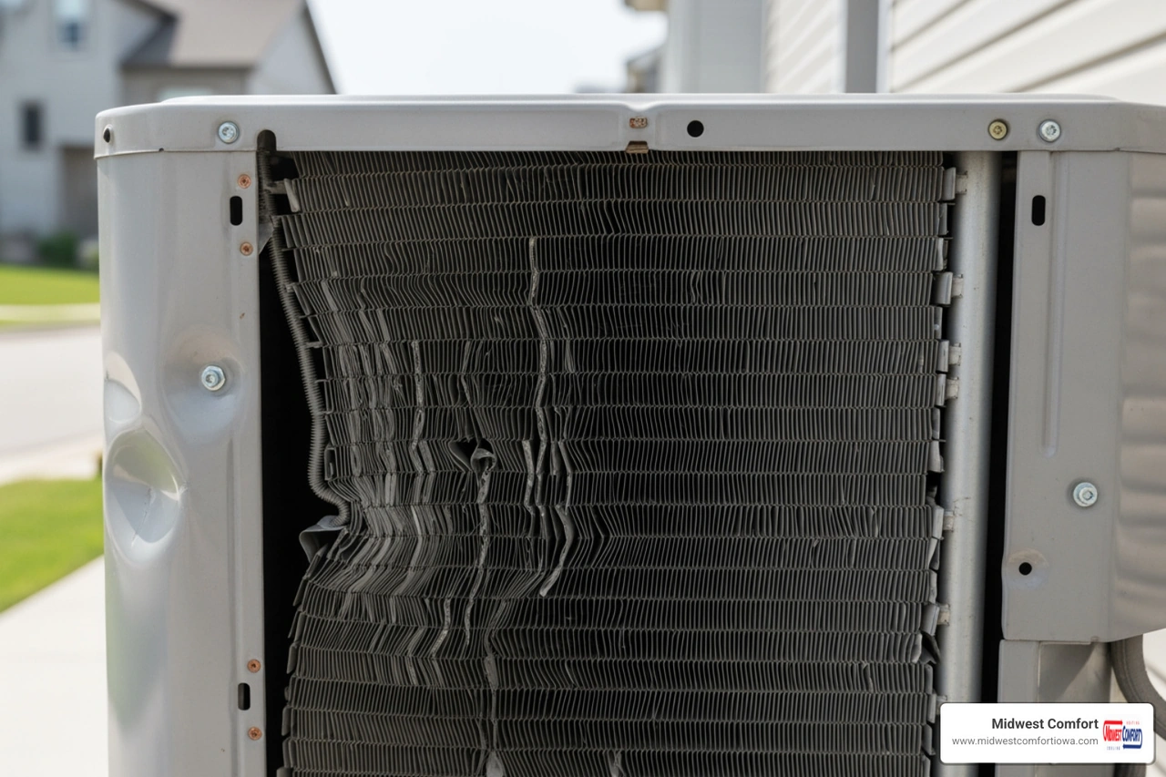 hail-damaged outdoor AC unit with flattened aluminum fins