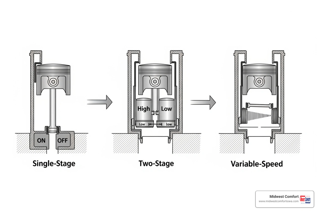 Diagram showing the difference between single-stage, two-stage, and variable-speed compressors Diagram showing the difference between single-stage, two-stage, and variable-speed compressors