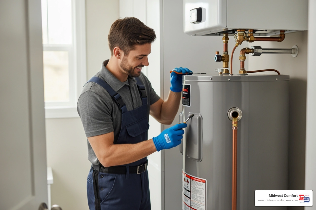 technician performing maintenance on a residential water heater tank
