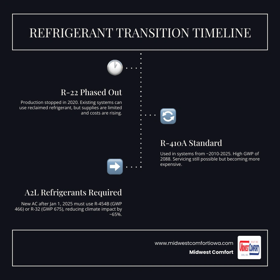 Timeline infographic showing the refrigerant transition from R-22 to R-410A to A2L refrigerants R-454B and R-32 infographic