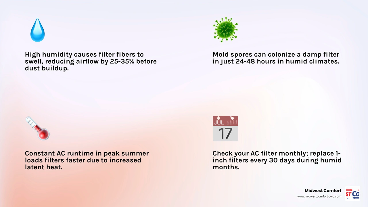 Infographic showing how humidity accelerates AC filter clogging with replacement schedule by filter type infographic Infographic showing how humidity accelerates AC filter clogging with replacement schedule by filter type infographic