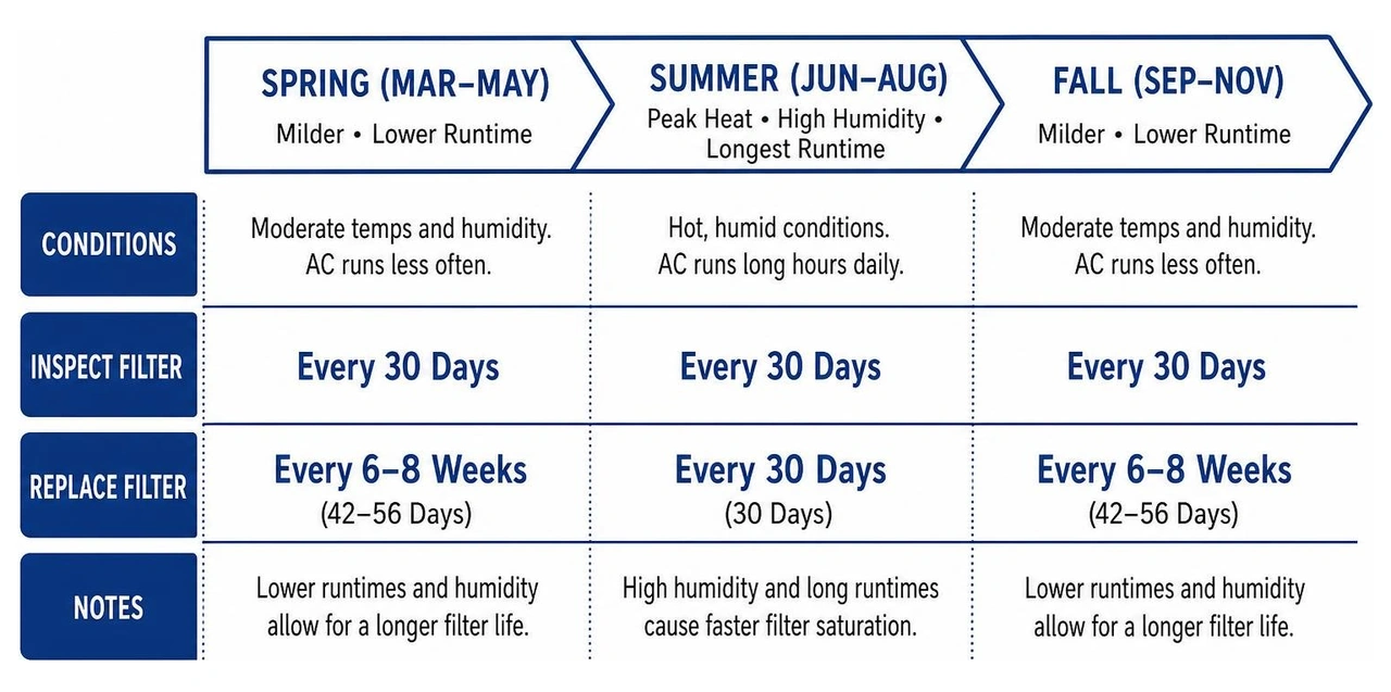 Diagram showing the recommended seasonal filter replacement timeline for humid climates Diagram showing the recommended seasonal filter replacement timeline for humid climates