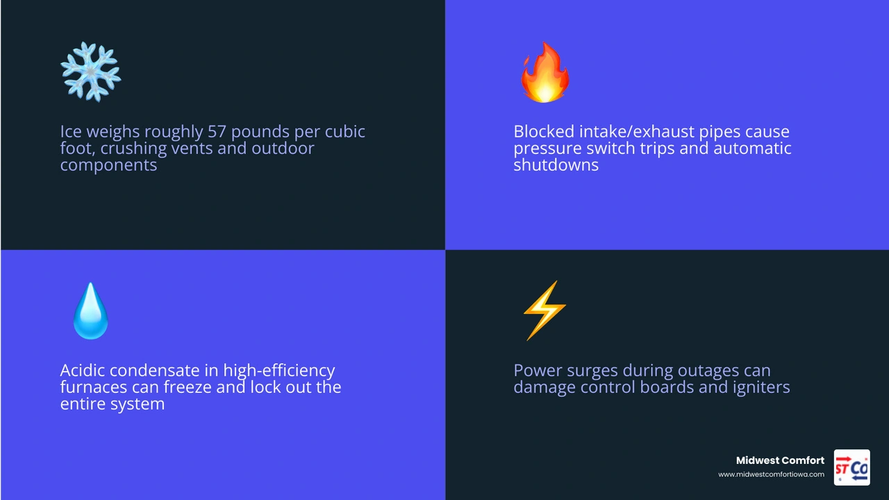 infographic showing how freezing rain blocks furnace vents, freezes condensate lines, and causes heating system failures infographic showing how freezing rain blocks furnace vents, freezes condensate lines, and causes heating system failures