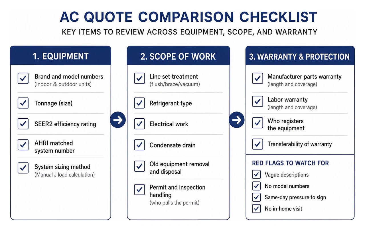 AC quote comparison checklist infographic showing key items to review across equipment, scope, and warranty AC quote comparison checklist infographic showing key items to review across equipment, scope, and warranty