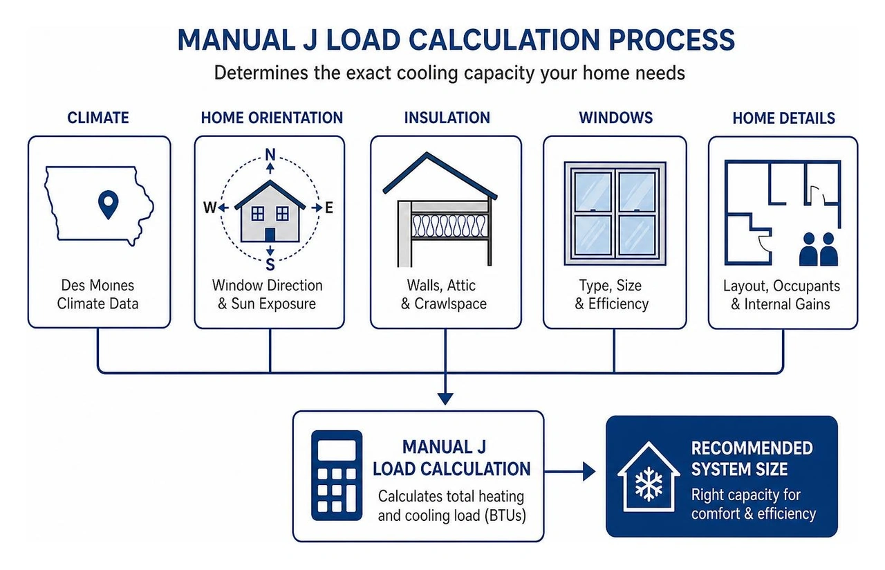 Diagram of the Manual J load calculation process taking into account insulation, windows, and climate Diagram of the Manual J load calculation process taking into account insulation, windows, and climate