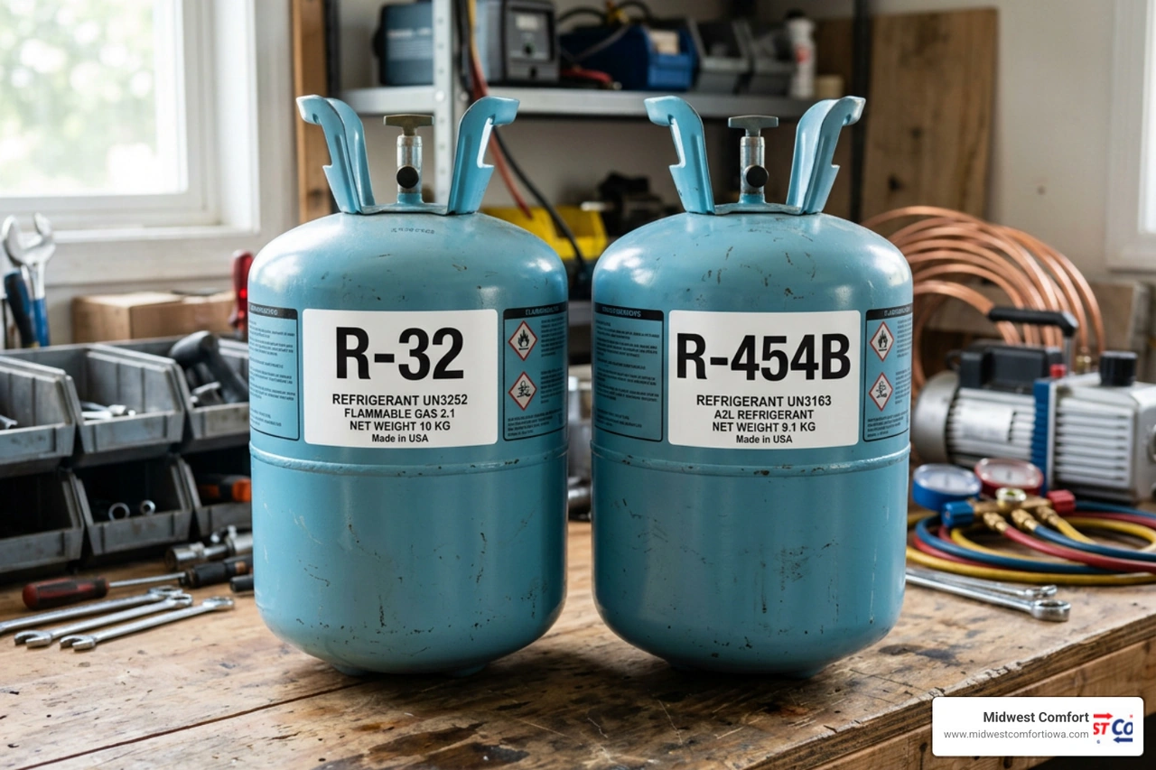low-GWP refrigerant cylinders labeled R-32 and R-454B low-GWP refrigerant cylinders labeled R-32 and R-454B