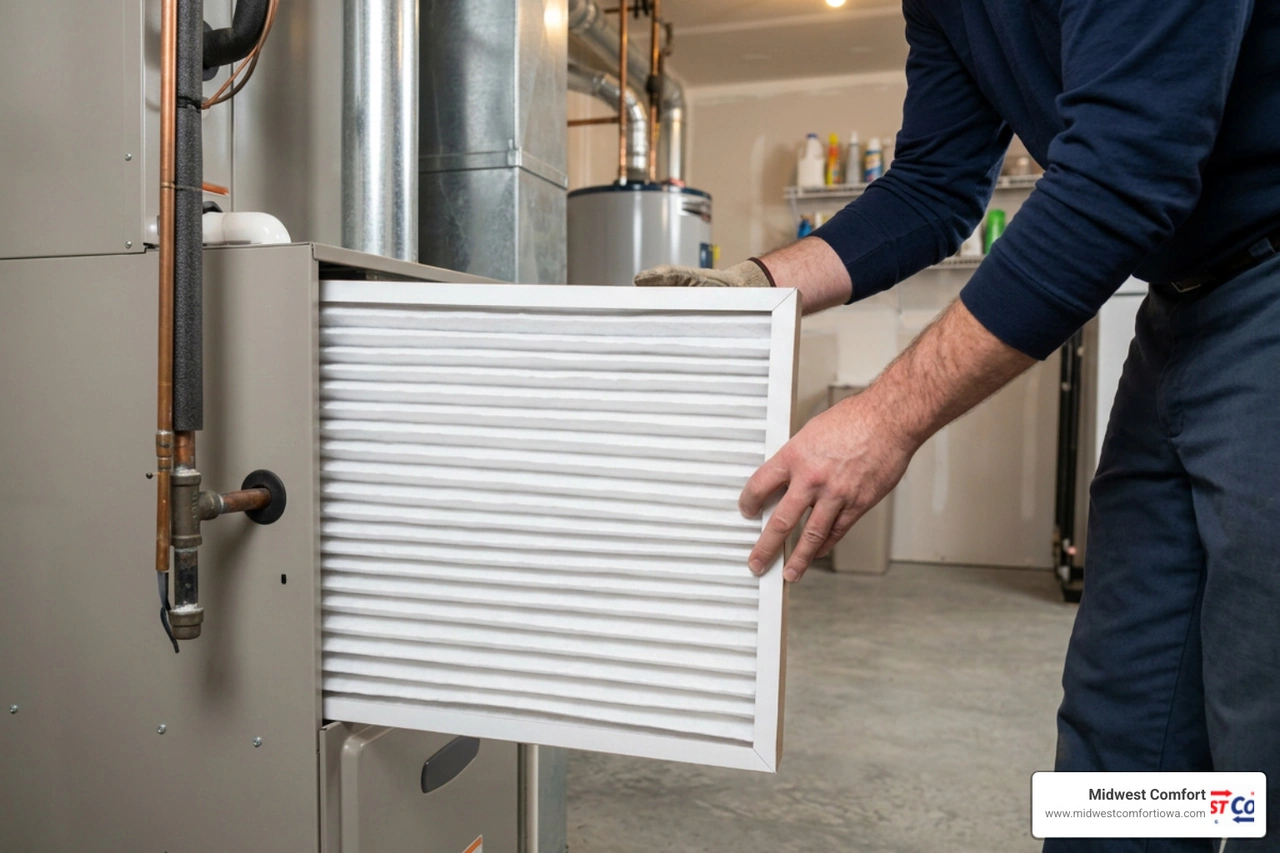 clean air filter being installed in a furnace in a Des Moines Iowa home