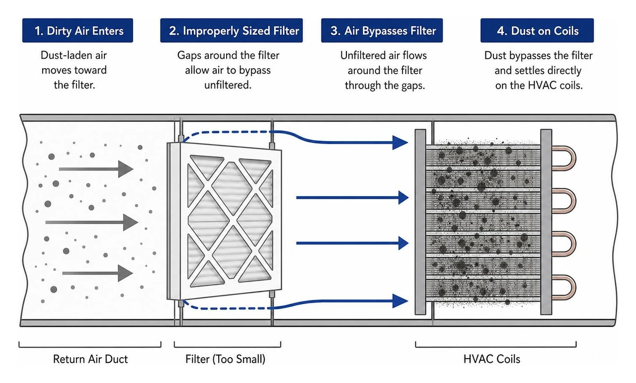 Diagram showing how air bypasses an improperly sized air filter, letting dust settle directly on HVAC coils Diagram showing how air bypasses an improperly sized air filter, letting dust settle directly on HVAC coils