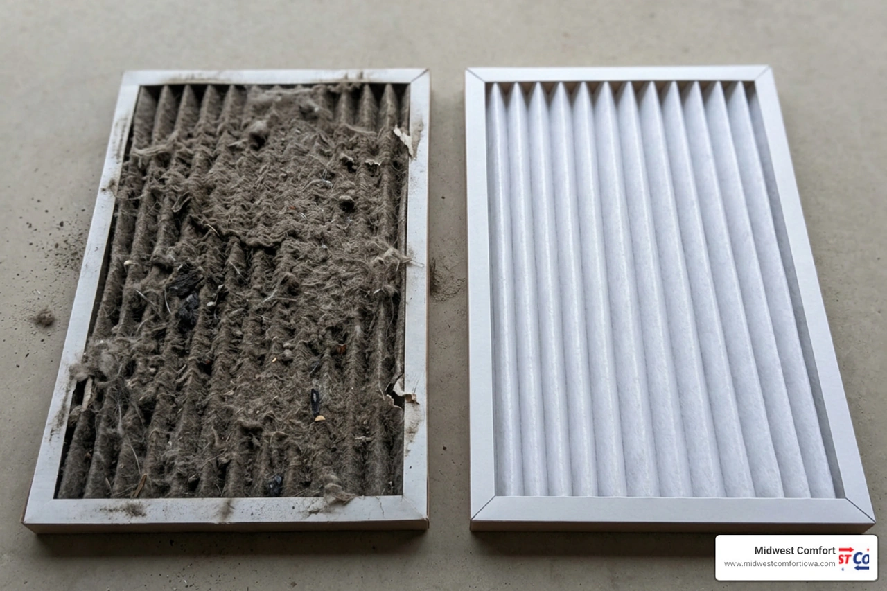 Comparison between a dirty fiberglass filter and a clean pleated filter showing trapped dust and debris Comparison between a dirty fiberglass filter and a clean pleated filter showing trapped dust and debris