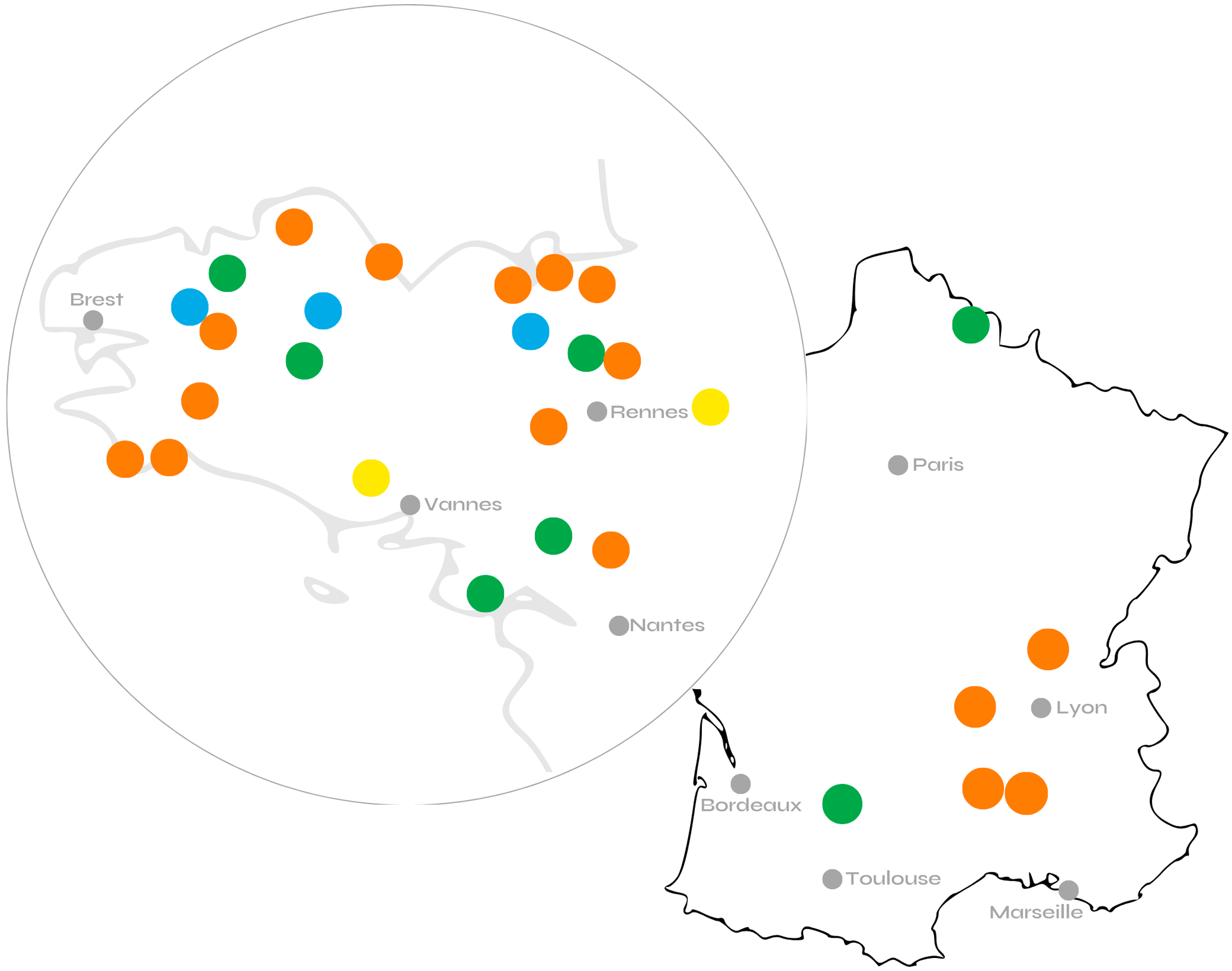 Carte de la France représentant les projets de hameau léger actuellement lancé ou installés