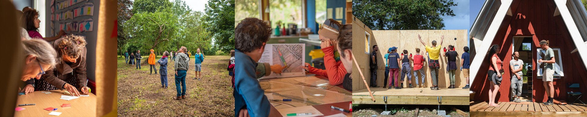 Photos de quelques contenus du parcours de création d'un hameau léger, de la réflexion personnelle à la réalisation d'un hameau léger
