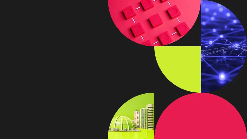 Cover of Software architecture meetup: a collage of pink blocks, a network and a building