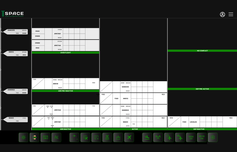 Live system dashboard showing digital flight strips and real-time flight data