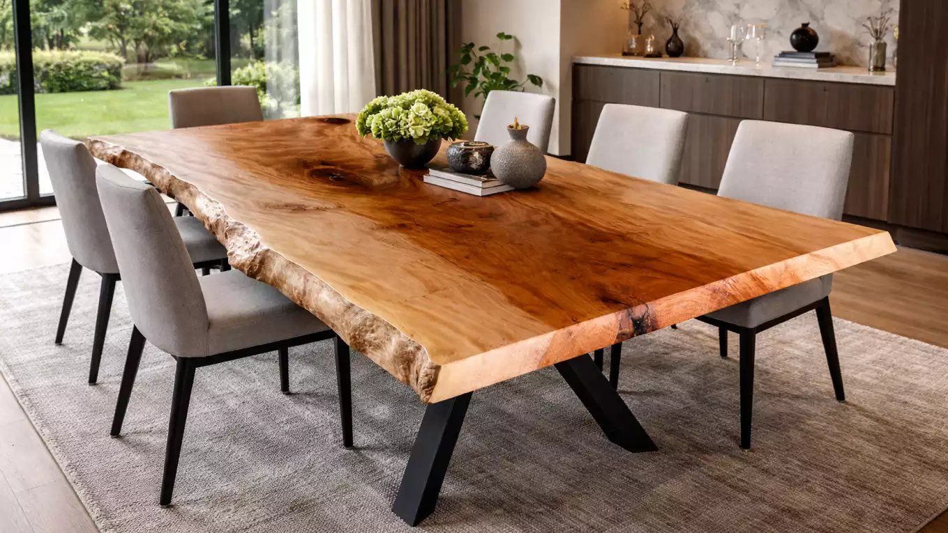 Dining room with a large, live edge wooden dining table