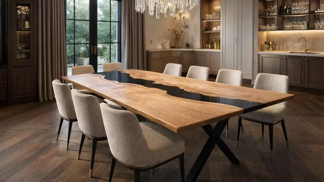 Modern dining room with a large wooden table featuring a black resin river design