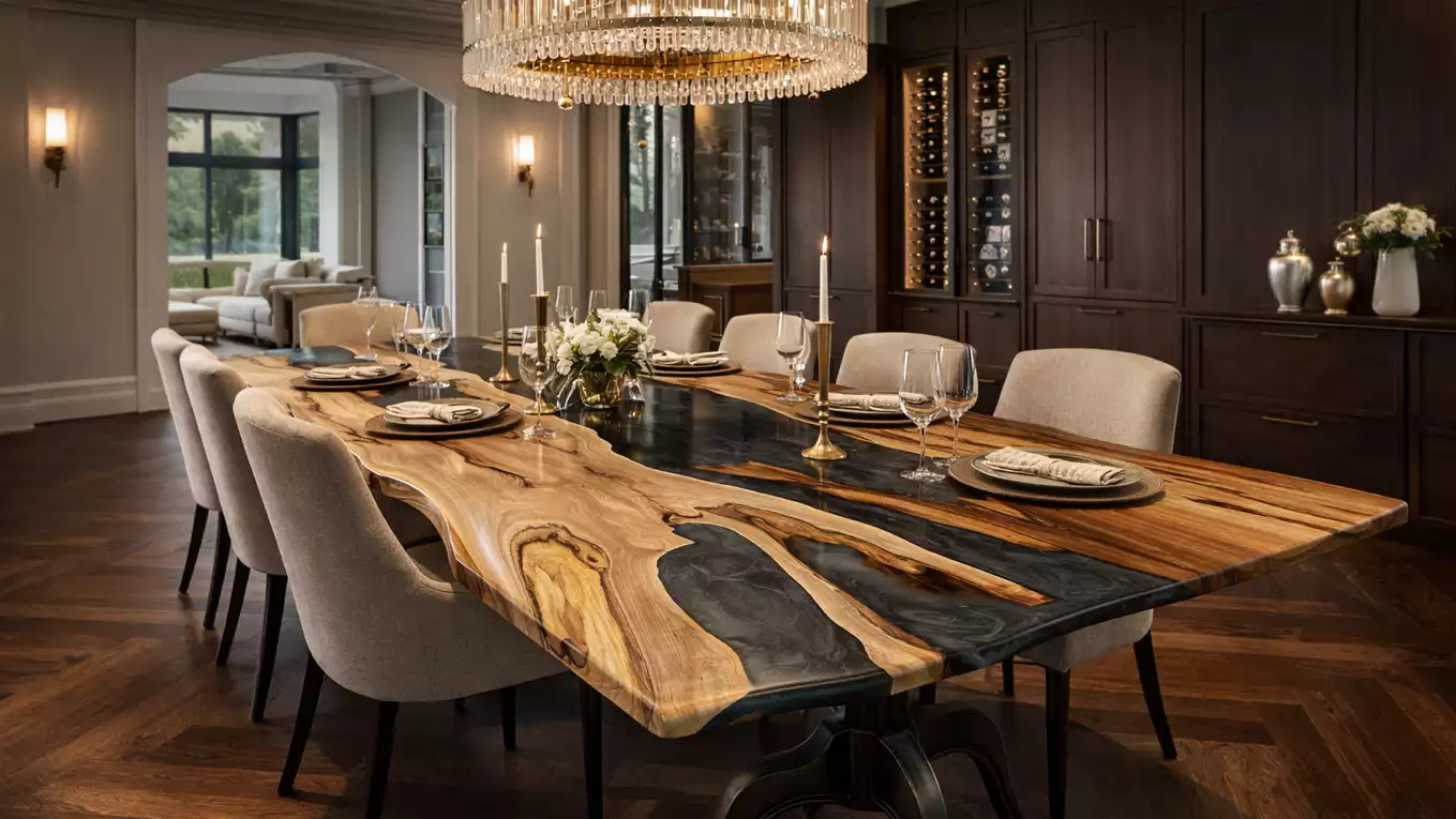 Elegant dining room with a large live edge walnut and black epoxy resin table