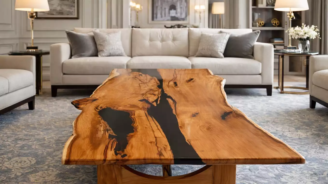 Modern living room with a wooden coffee table featuring black resin inlays