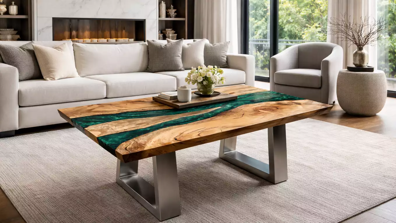 Modern living room with a wooden coffee table with green epoxy resin accents.