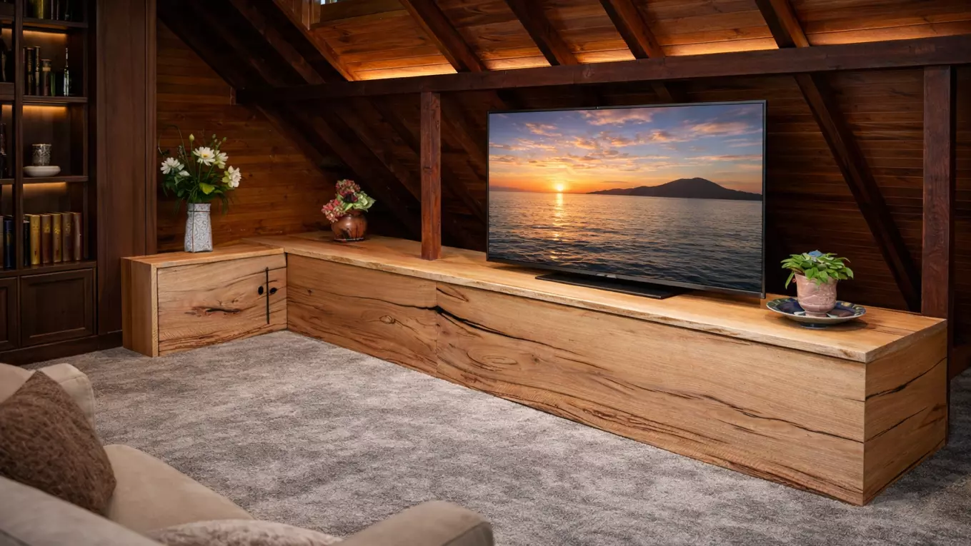 Cozy attic room with custom wooden built-in TV cabinet